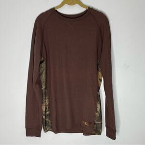 MOSSY OAK Brown Waffle Knit Camo Detail Crew Neck Long Sleeve Shirt Sz Medium